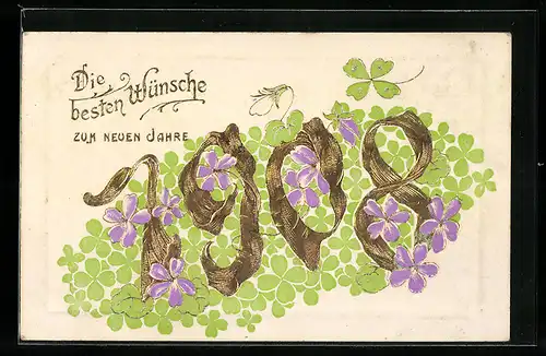 AK Jahreszahl 1908 in goldener Schrift, Kleeblätter