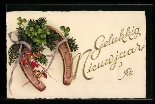 AK Hufeisen mit Kleeblättern und Tannenzweigen