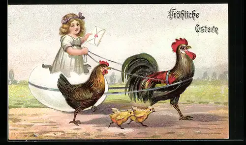 AK Hahn und Henne mit Osterküken