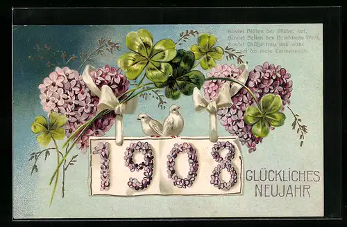 AK Jahreszahl 1908 mit Kleeblättern und Herzen aus Veilchen
