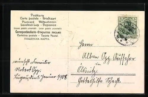 AK Jahreszahl 1908 mit Kleeblättern und Herzen aus Veilchen