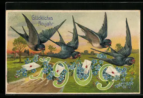 AK Vier fliegende Schwalben mit Briefen und Blumensträussen, Jahreszahl 1909