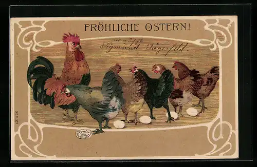 AK Hühner legen Ostereier, Hahn zu Ostern