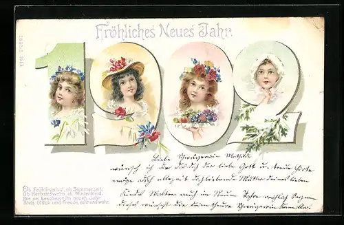 Lithographie Jahreszahl 1902 mit Mädchengesichtern, Neujahr