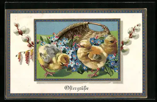 AK Osterküken im Korb mit Vergissmeinnicht