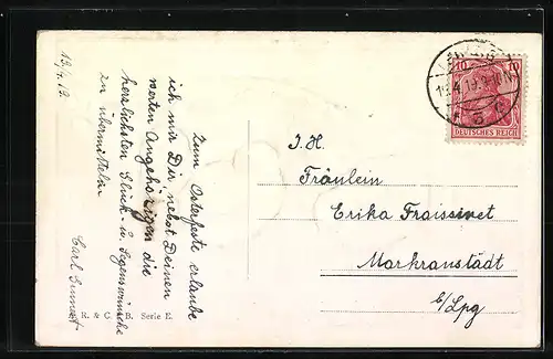 AK Osterküken im Korb mit Vergissmeinnicht