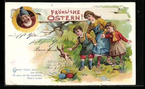 Lithographie Fliehender Hase mit Ostereiern und suchenden Kindern, Osterhasenfamilie, Zwerg