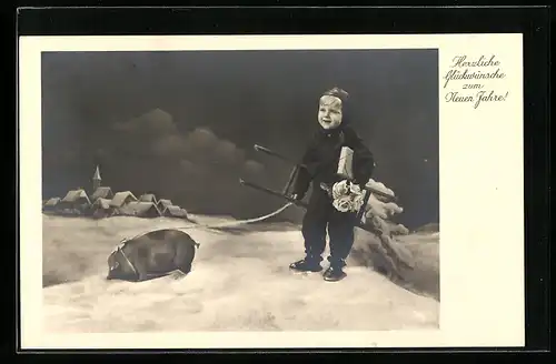 AK Kleiner Schornsteinfeger mit Glücksschwein