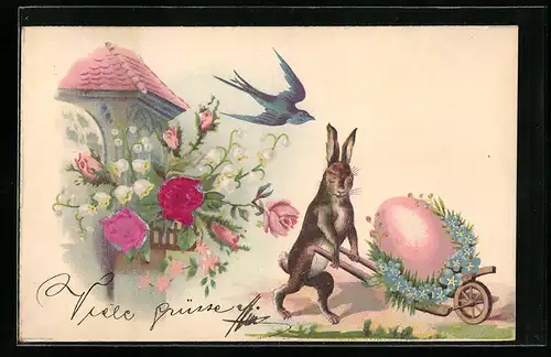 AK Osterhase mit grossem Ei auf Schubkarre