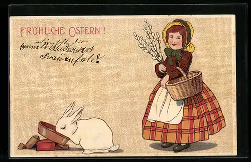AK Junge Dame mit Osterhase