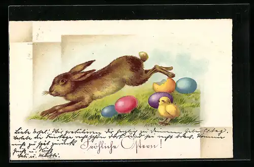 AK Springender Osterhase mit Küken