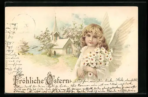 Lithographie Osterengel mit Blumen vor einer Kirche