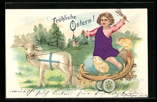 AK Mädchen mit Lammgespann und Osterküken, Ostergruss