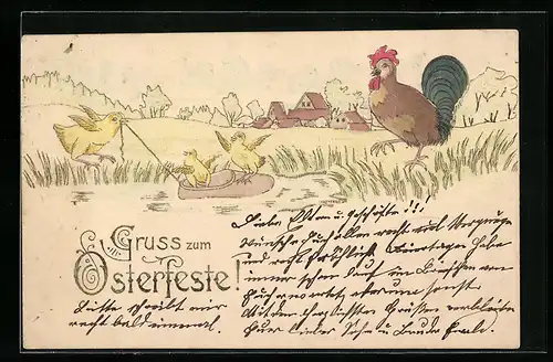 AK Osterküken im kleinen Schuh-Boot auf dem See