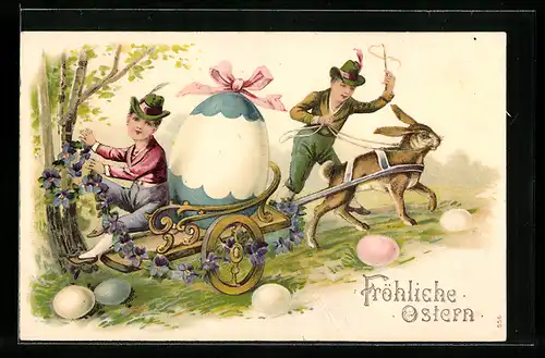 AK Eiergespann mit Osterhase