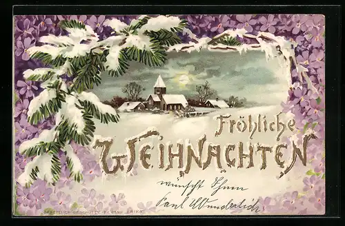 Lithographie Blick zur verschneiten Ortskirche bei Nacht, umrahmt von Blüten und Tannenzweigen