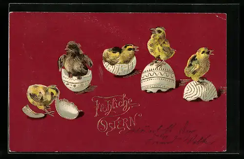 AK Osterküken in Eierschalen