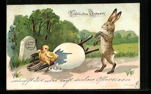 AK Osterhase und aus Ei schlüpfendes Küken, Ostergruss