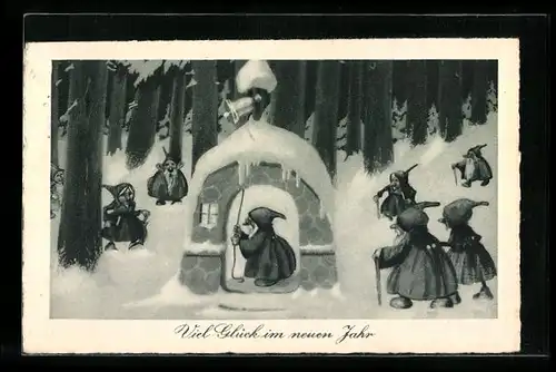 AK Zwerge läuten die Glocke im verschneiten Wald