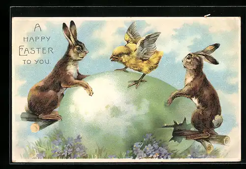 AK Osterhasen und Küken auf einem Ei