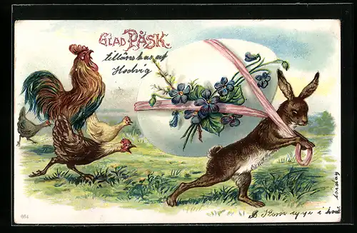 AK Osterhase trägt ein grosses Ei und wird von Hühnern verfolgt