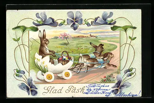 AK Osterhasen ziehen Osterei-Wagen