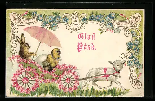 AK Osterhase und Küken in Kutsche