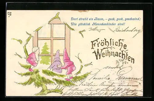 AK Zwerge erblicken durch das Fenster einen Christbaum