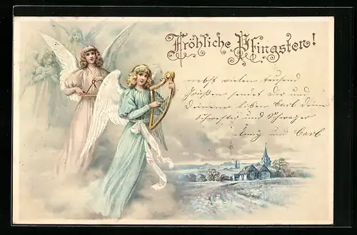 AK Engel mit Instrumenten und Dorf-Idyll, Pfingsten