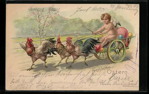 Lithographie Osterengel in einer mit Hähnen bespannten Kutsche