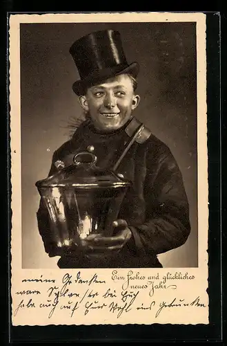 AK Ein frohes und glückl. neues Jahr, Schornsteinfeger mit Bowle