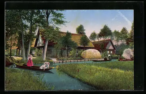 AK Lehde /Spree, Bauerngehöft, Frauen in Trachten