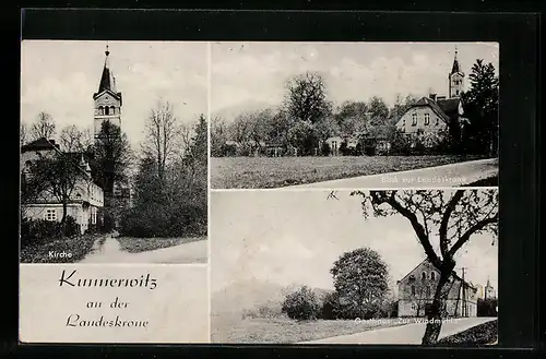 AK Kunnerwitz /Krs. Görlitz, Gasthaus Zur Windmühle, Kirche, Blick zur Landeskrone