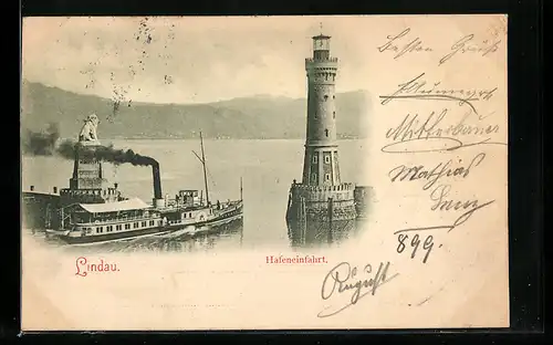 AK Lindau, Hafeneinfahrt mit Leuchtturm und Dampfer