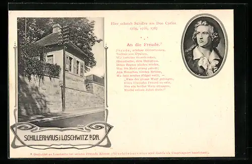 AK Dresden-Loschwitz, Partie am Schillerhaus, Hier schrieb Schiller Don Carlos, Portrait des Schriftstellers