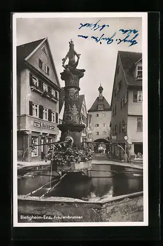 AK Bietigheim-Enz, Geschäft von K. Bauer und Fräuleinbrunnen