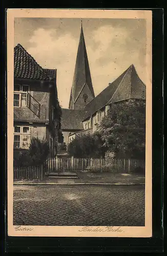 AK Eutin, Strassenpartie mit Kirche