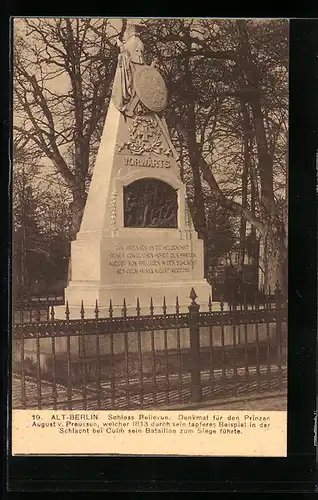 AK Berlin-Tiergarten, Schloss Bellevue, Denkmal für den Prinzen August v. Preussen