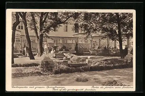 AK Dresden, Hotel Bellevue, Gartenpartie mit grossem Springbrunnen