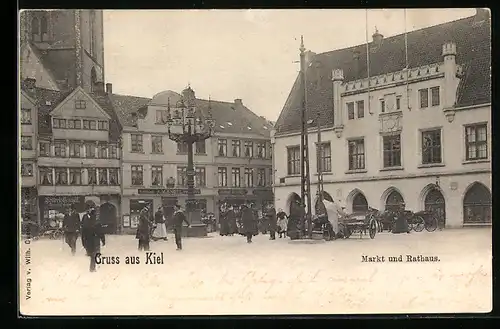 AK Kiel, Markt mit Geschäften und Rathaus