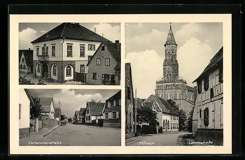 AK Mörsch, Karlsruherstrasse mit Haus von Franz Schlageter, Rathaus, Lammstrasse mit Kirche