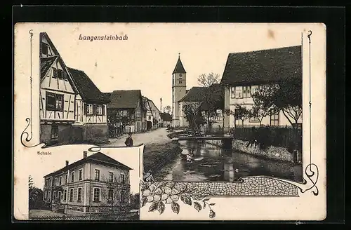 AK Langensteinbach, Schule, Strassenpartie mit Kirche