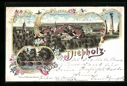 Lithographie Diepholz, Schloss, Kriegerdenkmal, lohnebrücke
