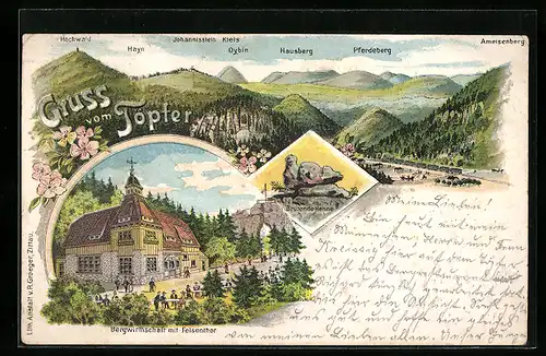 Lithographie Oybin, Bergpanorama, Gasthaus Bergwirtschaft Töpfer mit Feldenthor, Brütende Henne