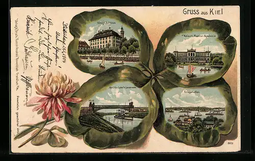 Passepartout-Lithographie Kiel, Königl. Schloss, Kriegshafen, Dampfer, Kleeblatt