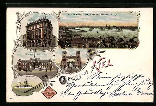 Lithographie Kiel, Kaufhaus W. Jacobsen, Blick vom Aussichtsturm Hotel Hohenzollern