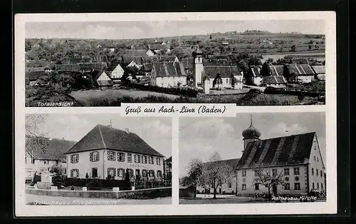 AK Aach-Linz /Baden, Schulhaus u. Kriegerdenkmal, Rathaus u. Kirche, Ortsansicht