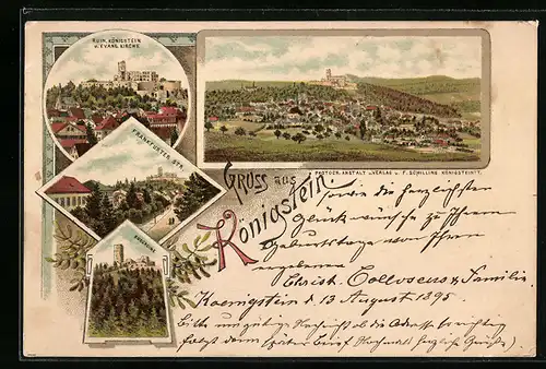 Lithographie Königstein, Burgruine, Frankfurter Strasse, Totalansicht