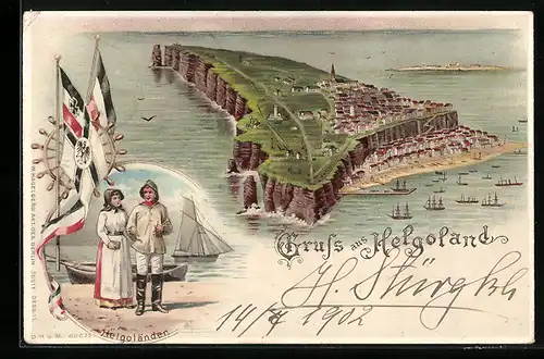 Lithographie Helgoland, Blick zur Insel, Helgoländer in Tracht, beleuchtete Fenster