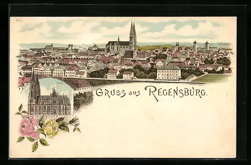 Lithographie Regensburg, Ortsansicht, Dom